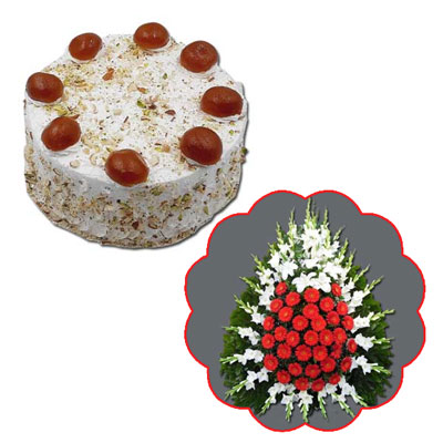 "Round shape Pineapple Gulab jamun cake - 1kg, Beautiful flower basket - Click here to View more details about this Product